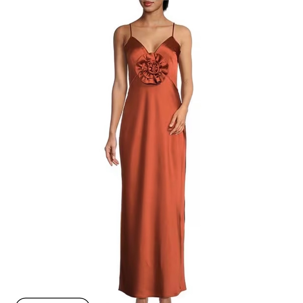 Gianni Bini Stephanie Satin V-Neck Rosette Sleeveless Long Dress